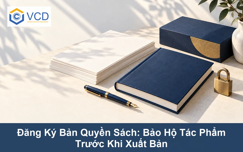 Sách bìa xanh, bản thảo, bút máy và ổ khóa minh họa đăng ký bản quyền sách