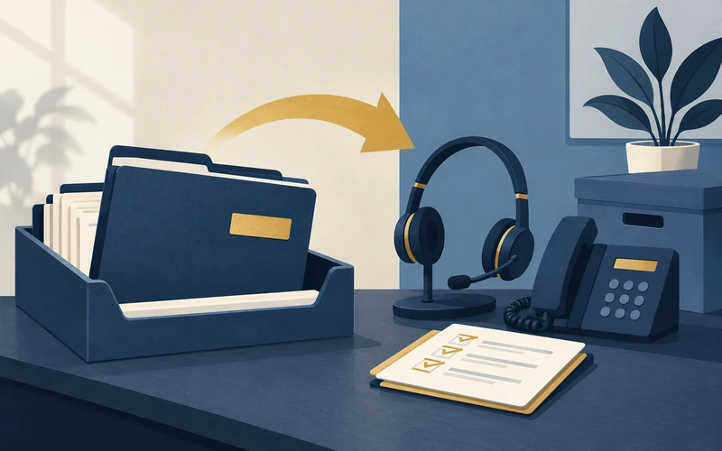 2D illustration of a completed dossier and customer-support equipment