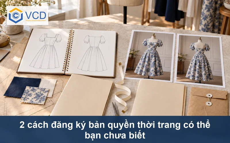 Hai bộ hồ sơ đăng ký bản quyền thời trang với bản phác thảo, mẫu vải và ảnh váy thành phẩm