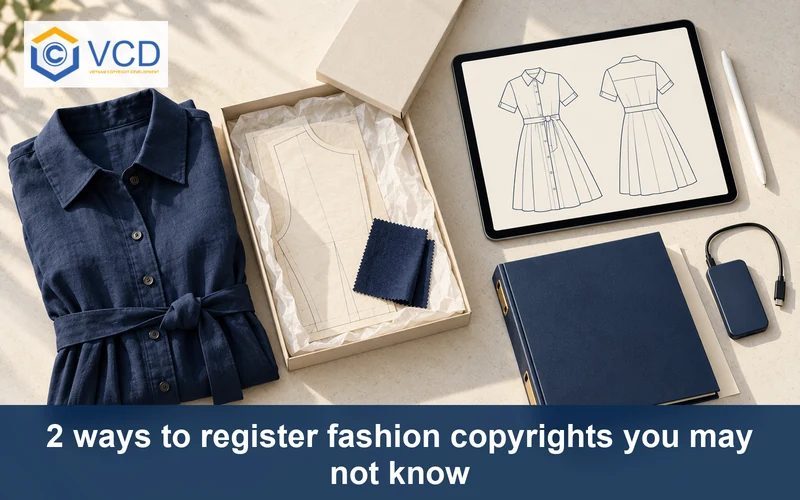 Folded fashion garment and archive pattern beside a digital dress drawing, application binder and SSD