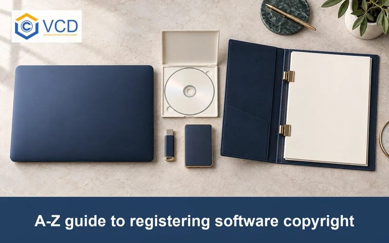 Closed laptop, blank data disc, USB drive, external storage, and software application folder
