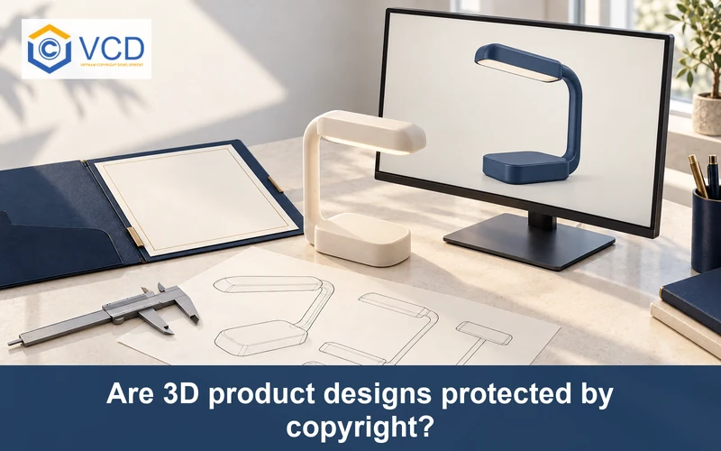 CAD lamp design beside its 3D-printed prototype, technical drawing and copyright folder