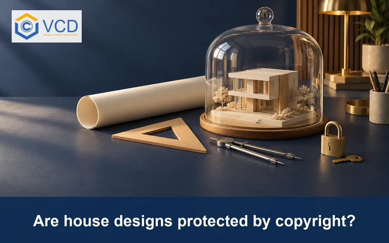 Architectural house model under a glass cloche with drafting tools and a padlock illustrating copyright protection