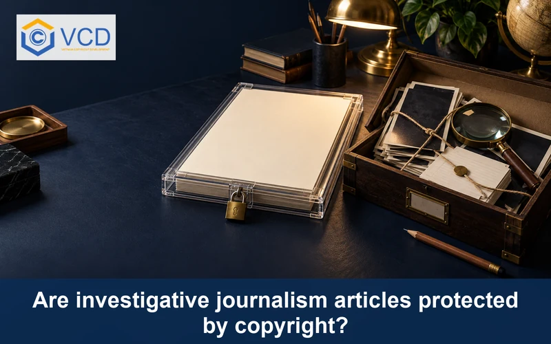 Protected investigative article manuscript beside an evidence archive and magnifying glass