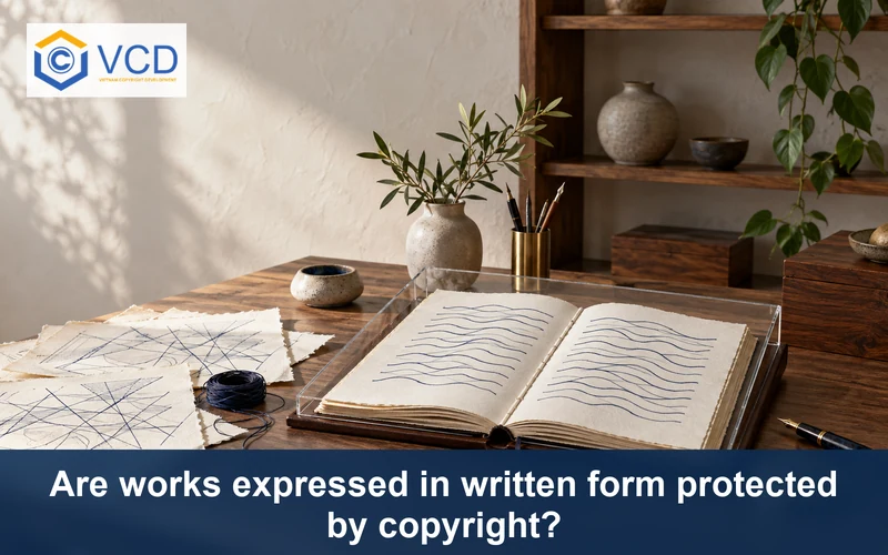 Hand-bound manuscript of abstract ink lines protected under glass beside discarded drafts