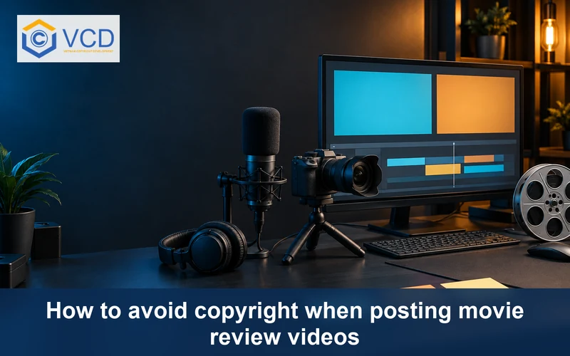Movie review editing studio with camera, microphone and abstract video timeline