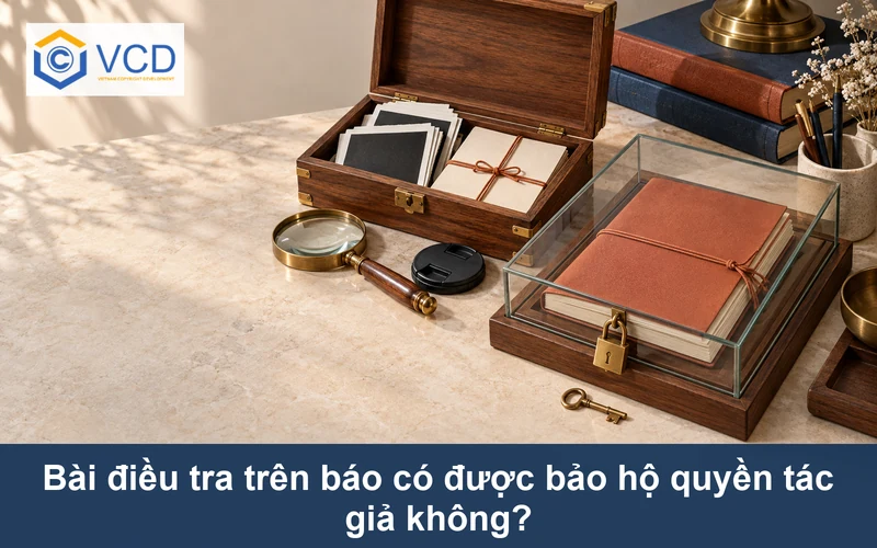 Hồ sơ chứng cứ và bài điều tra hoàn chỉnh dưới hộp kính minh họa bảo hộ quyền tác giả