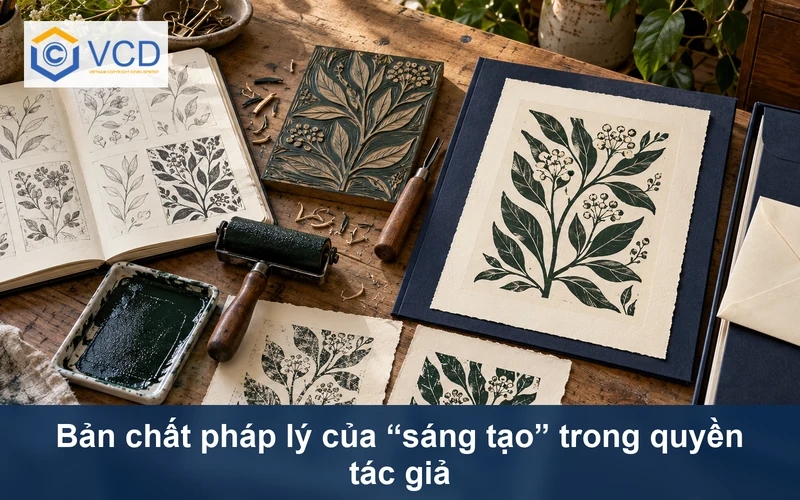 Phác thảo hoa lá, bản khắc, con lăn mực, bản in thử và tác phẩm in hoàn thiện cạnh hồ sơ bản quyền