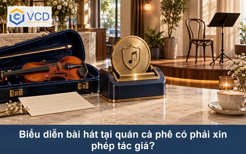Đàn violin và bản nhạc đi qua trạm cấp phép trước khu vực biểu diễn tại quán cà phê