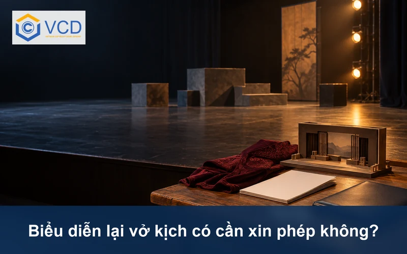Bàn tập với mô hình sân khấu, kịch bản trống và bìa hồ sơ xin phép màu navy