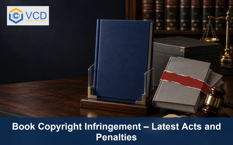 Protected original book beside duplicate copies, torn red band and legal gavel