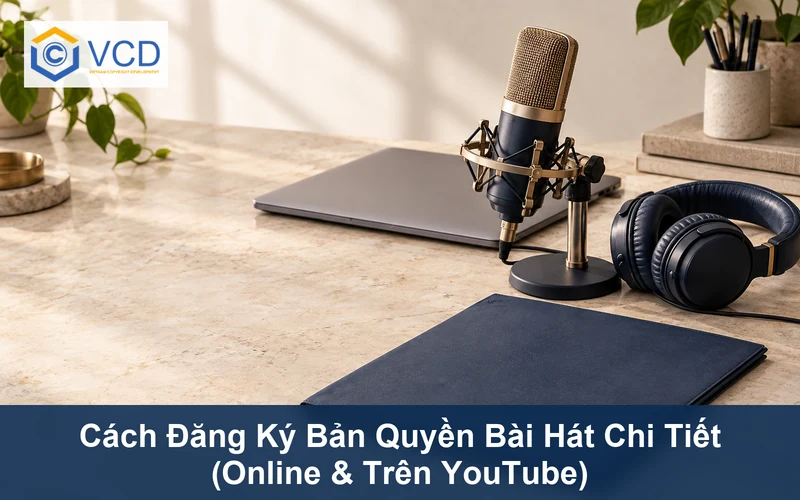 Micro thu âm, tai nghe, laptop và hồ sơ minh họa đăng ký bản quyền bài hát trực tuyến