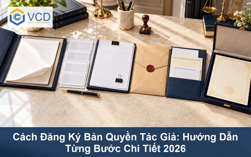 Bộ hồ sơ đăng ký bản quyền gồm tác phẩm, giấy tờ, đơn, phong bì nộp, biên nhận và giấy chứng nhận
