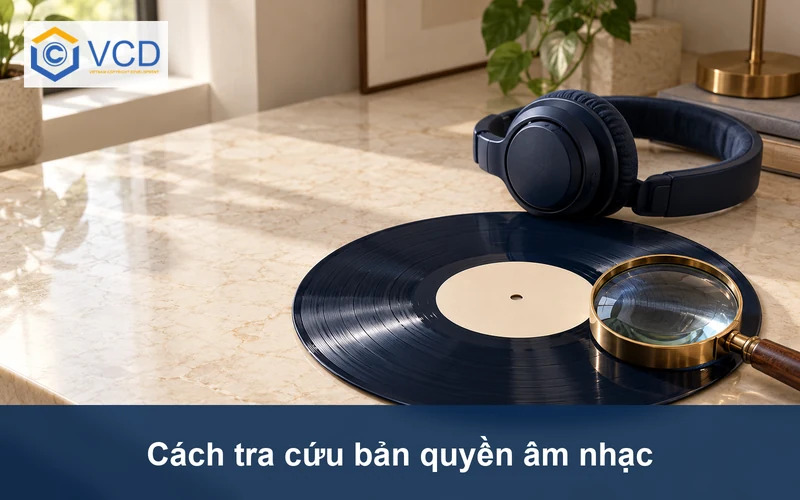 Kính lúp soi rãnh đĩa vinyl cạnh tai nghe kiểm âm minh họa tra cứu bản quyền âm nhạc