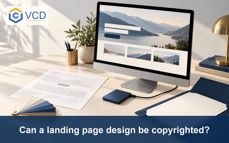 Generic landing page on a desktop monitor beside a printed wireframe, color swatches and copyright folder