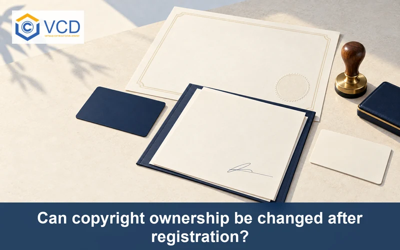Copyright certificate with old and new owner cards, signed assignment agreement and official rubber stamp