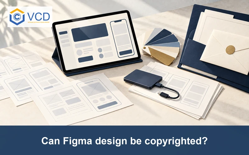 Tablet with generic UI design, printed wireframes, color swatches, SSD and copyright registration documents