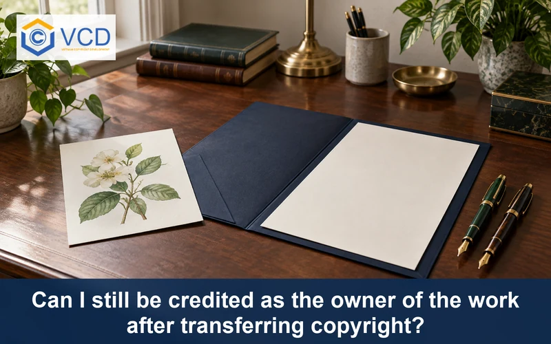 Original botanical painting, blank transfer document and two pens illustrating copyright transfer