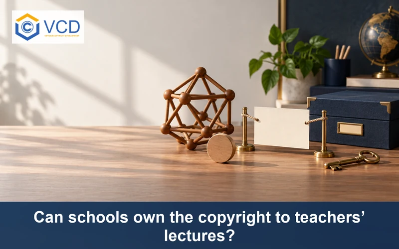 Teaching model, creator token, agreement card and school archive box illustrating lecture copyright ownership