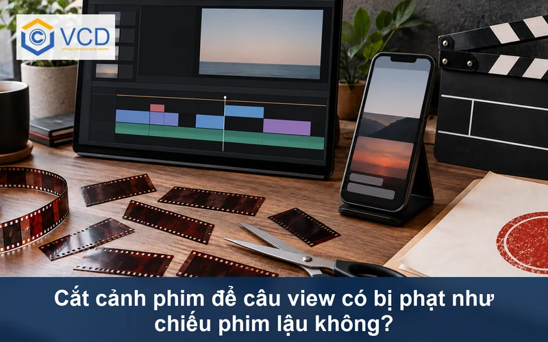 Dải phim bị cắt thành nhiều đoạn cạnh bàn dựng video, điện thoại đăng clip và hồ sơ cảnh báo