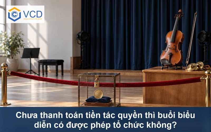 Nhạc cụ bị chặn sau dây đỏ cùng hộp giấy phép khóa và khay tiền tác quyền còn thiếu