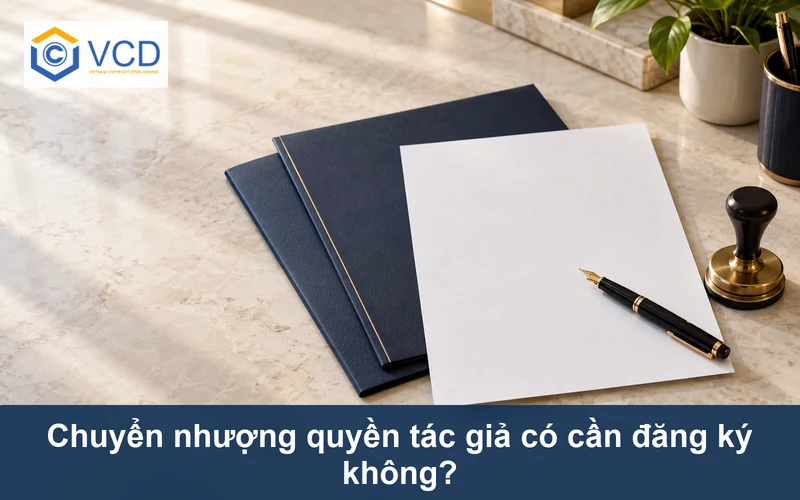 Hai bìa hồ sơ, tờ chuyển nhượng trắng, bút máy và dụng cụ ép dấu minh họa đăng ký chuyển nhượng