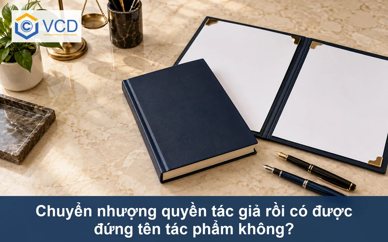 Sách bìa trơn, hai tờ hợp đồng trắng và hai bút máy minh họa chuyển nhượng quyền tác giả