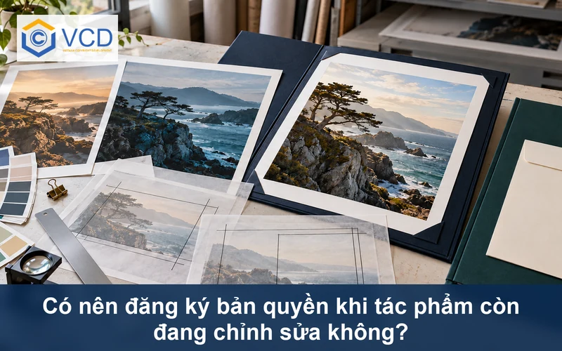 Các bản in tác phẩm đang chỉnh sửa cạnh tấm crop, bảng màu, kính soi và hồ sơ đăng ký riêng