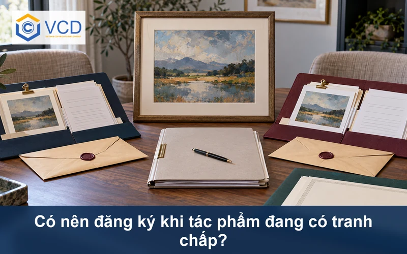 Tác phẩm tranh đặt giữa hai bộ hồ sơ bằng chứng tranh chấp và hồ sơ đăng ký bản quyền riêng