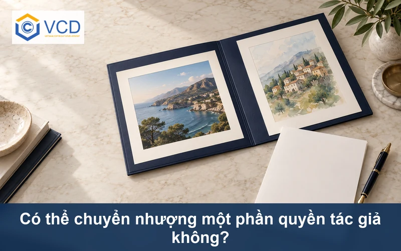 Portfolio chứa ảnh và tranh cùng hồ sơ trắng minh họa chuyển nhượng một phần quyền tác giả