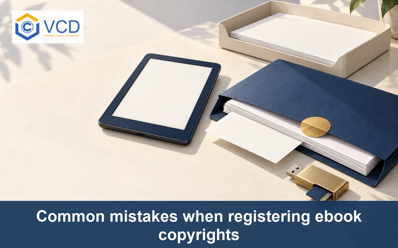 Ebook reader beside flawed copyright paperwork and correction inbox tray