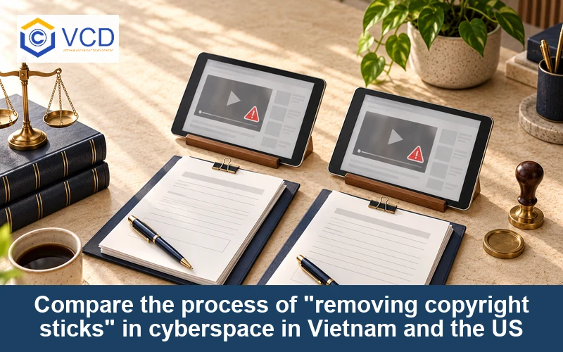Compare the process of "removing copyright sticks" in cyberspace in Vietnam and the US