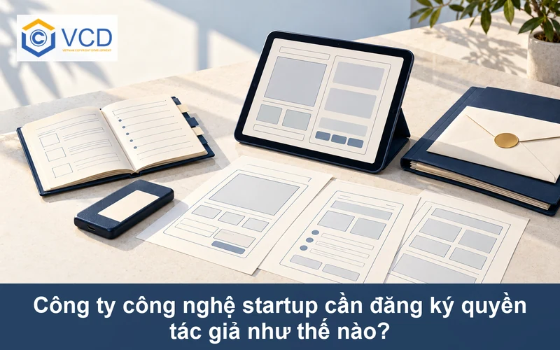Tablet hiển thị wireframe ứng dụng cạnh bản in giao diện, SSD, sổ phiên bản và hồ sơ đăng ký bản quyền