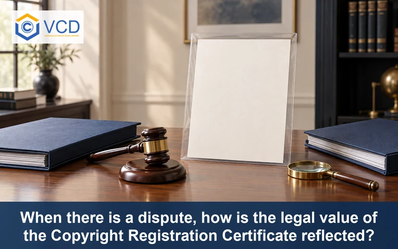 Blank copyright certificate evidence, opposing case files, gavel and magnifying glass