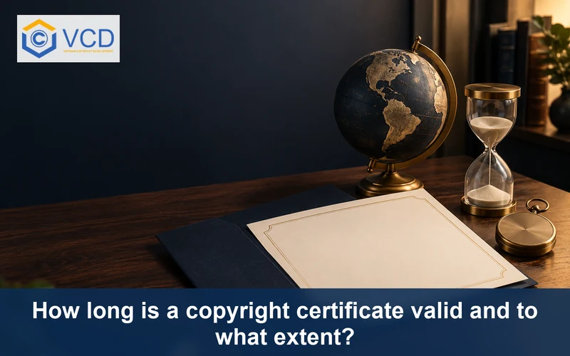 Blank certificate in a navy folder beside an hourglass and unlabeled globe