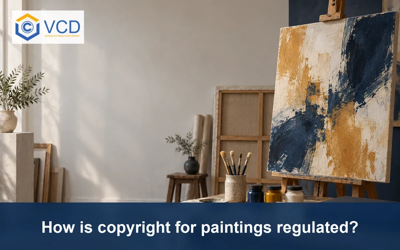 Abstract painting, brushes, blank provenance card and navy archival portfolio in an art studio