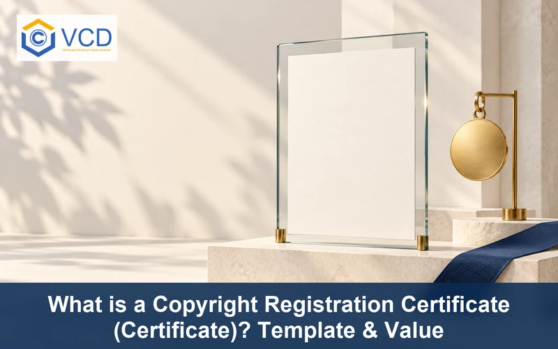 Blank copyright certificate in a glass gallery frame with a brass authenticity medal and navy ribbon