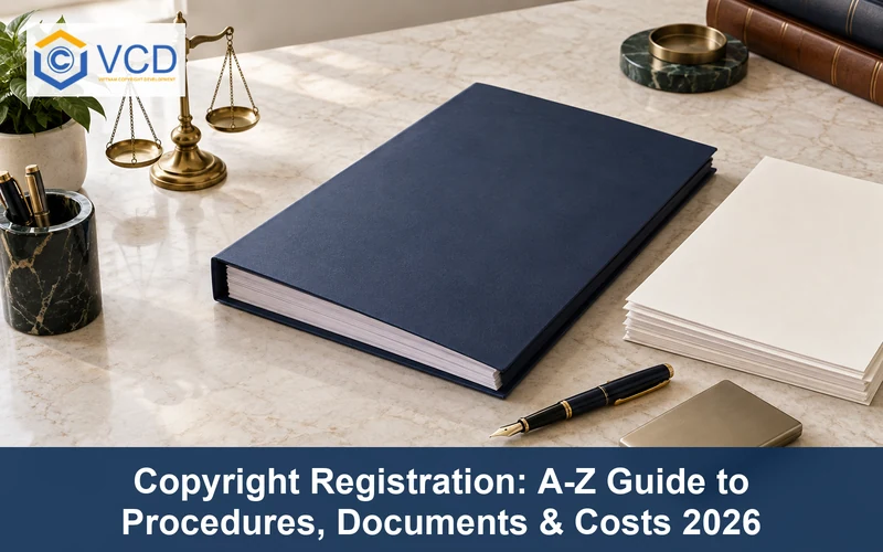 Blank registration folder, forms, fountain pen and office tools illustrating copyright registration