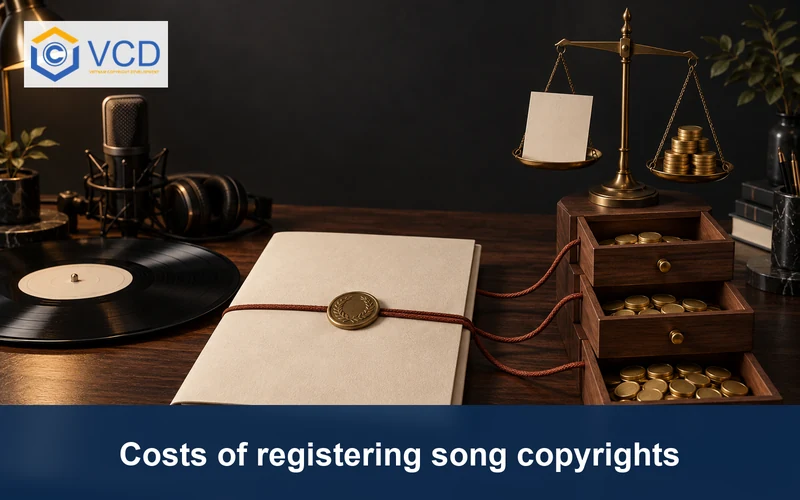 Song master record and registration portfolio connected to three stepped fee drawers and a brass balance