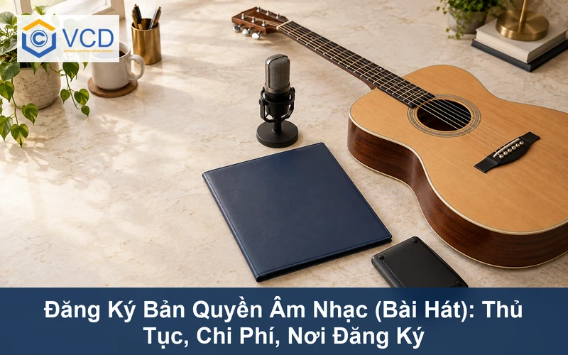 Đàn guitar, micro, hồ sơ và máy tính minh họa đăng ký bản quyền âm nhạc