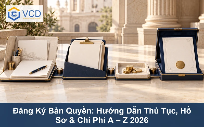 Bốn trạm vật thể minh họa quy trình đăng ký bản quyền từ tác phẩm, hồ sơ, chi phí đến giấy chứng nhận