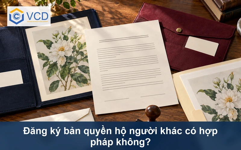 Hồ sơ tác giả và người đại diện nối bằng giấy ủy quyền cạnh đơn đăng ký, con dấu và phong bì nộp