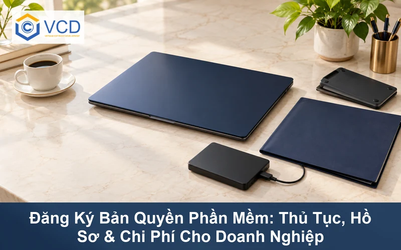 Laptop đóng, ổ cứng và hồ sơ trắng minh họa đăng ký bản quyền phần mềm cho doanh nghiệp