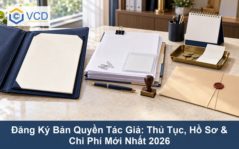 Tác phẩm gốc, tập hồ sơ đăng ký, khay lệ phí, biên nhận và phong bì chứng nhận bản quyền