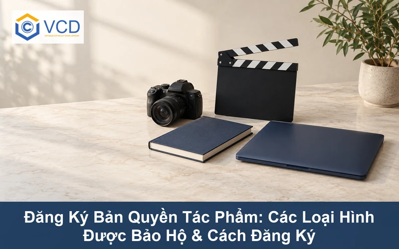 Máy ảnh, sách, bảng phim và laptop minh họa các loại tác phẩm được đăng ký bản quyền