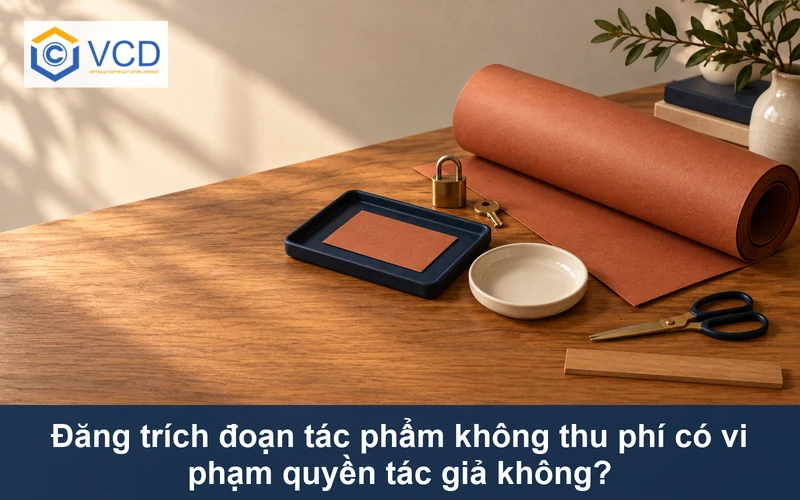 Mẩu trích đoạn trên khay, đĩa tiền trống và ổ khóa minh họa việc đăng miễn phí vẫn liên quan quyền tác giả