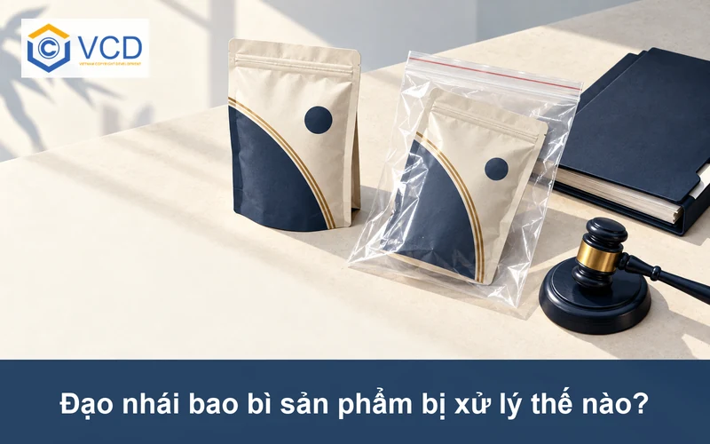 Bao bì sản phẩm gốc và bản sao gần giống trong túi chứng cứ cạnh hồ sơ và búa tòa