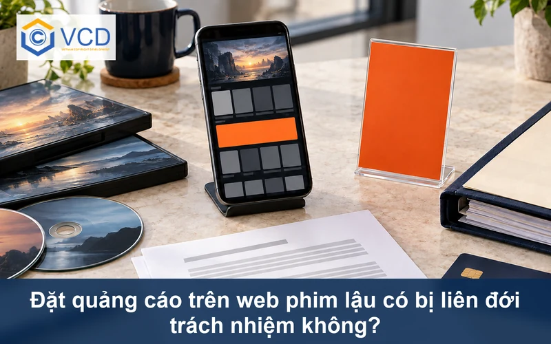 Điện thoại mở trang phim có banner quảng cáo cạnh đĩa phim, hợp đồng quảng cáo và hồ sơ pháp lý
