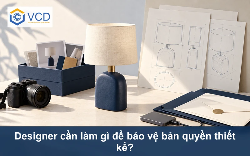 Mẫu đèn thiết kế cùng bản vẽ kỹ thuật, máy ảnh, hộp lưu trữ, ổ SSD và hồ sơ đăng ký bản quyền