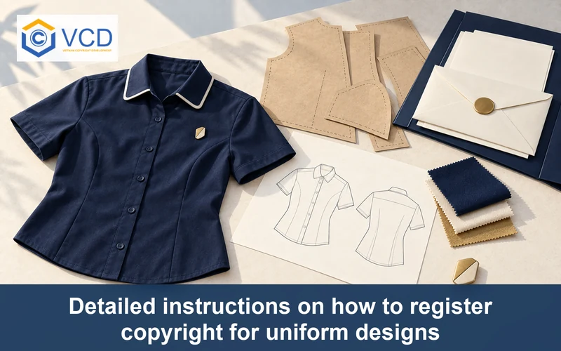 Navy uniform shirt with design sketch, paper patterns, fabric swatches, badge samples and copyright documents